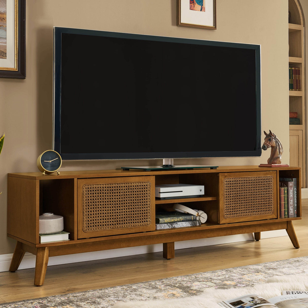 Mid Century Modern Solid Wood Rattan TV Stand - Omega Lifestyles