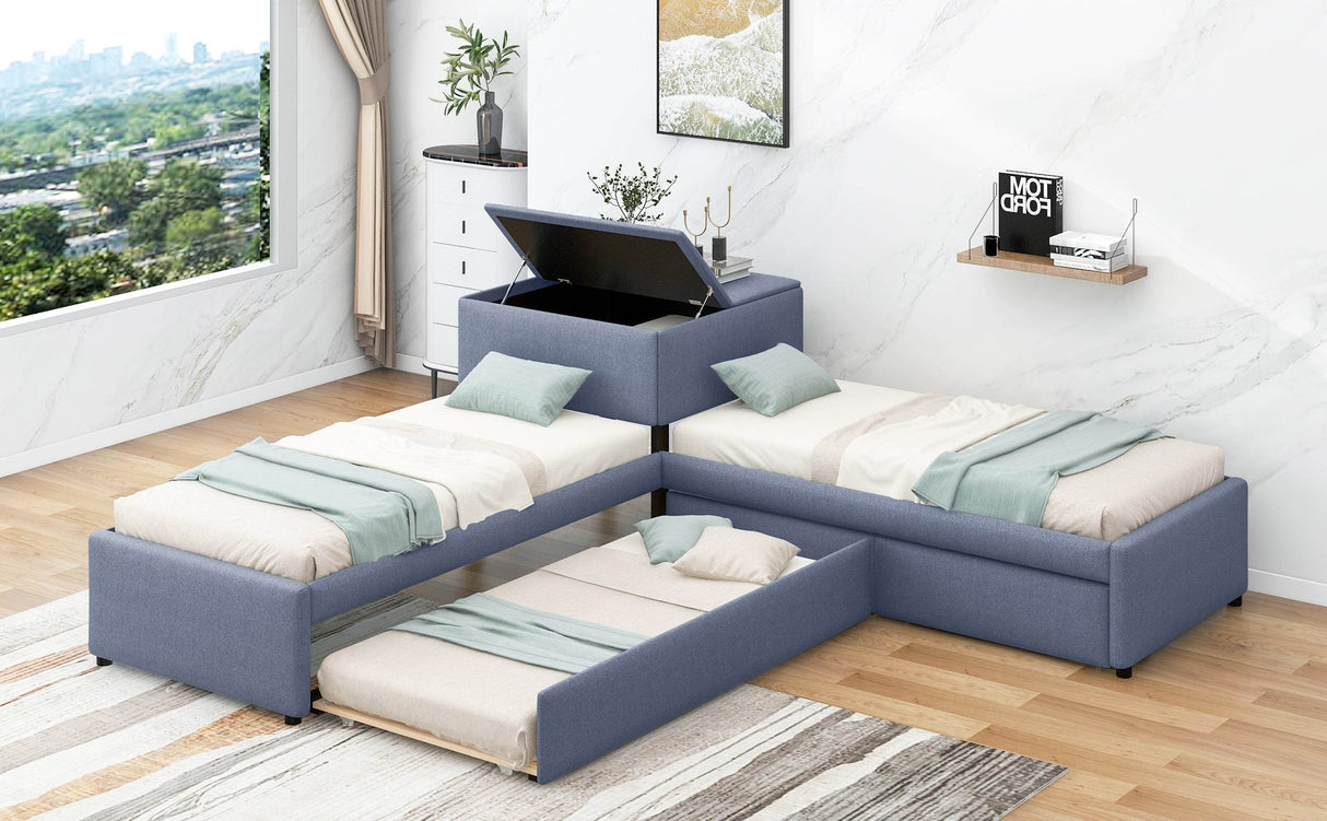 L-Shaped Upholstered Twin Platform Bed With Trundle Desk - Omega Lifestyles