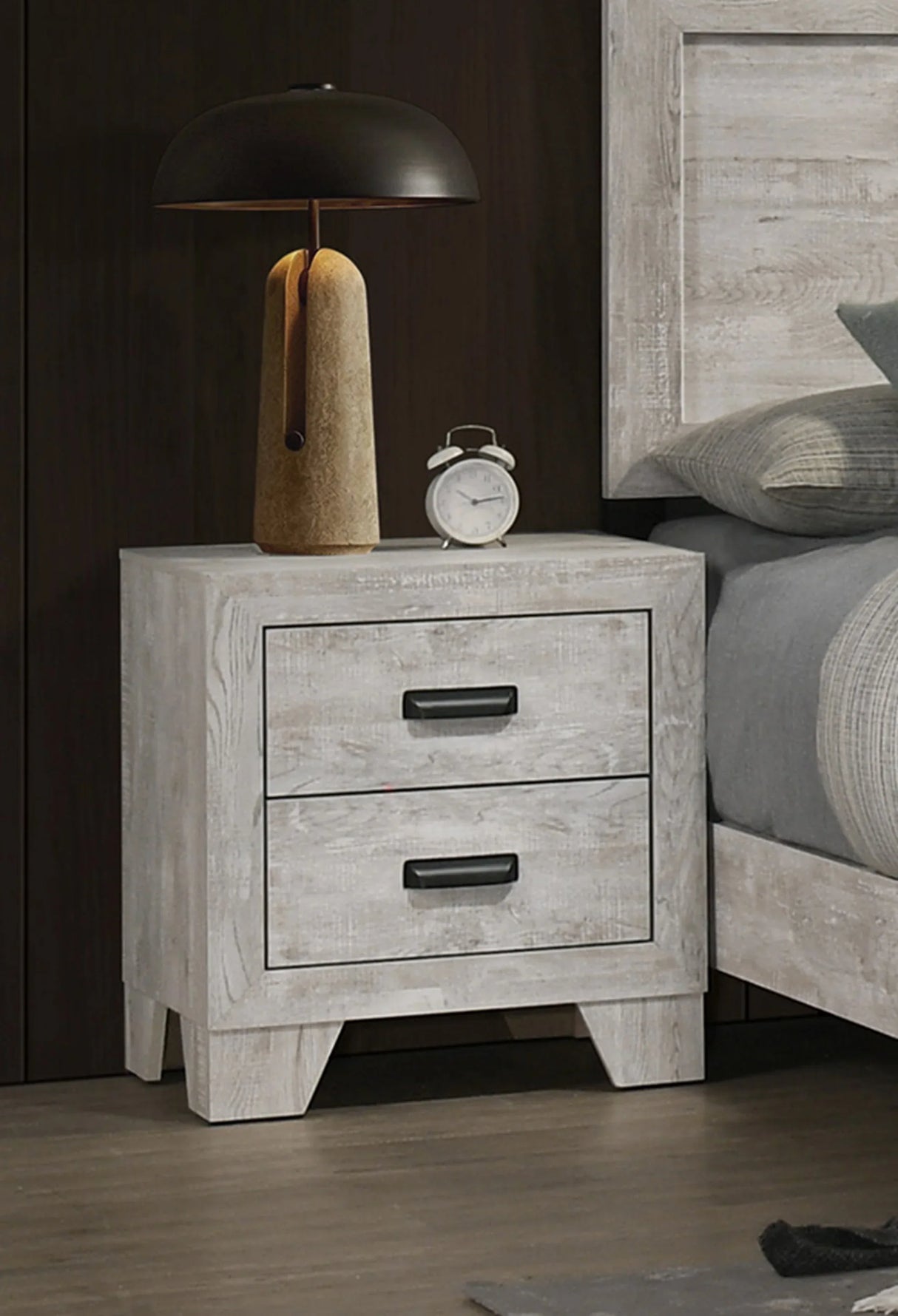 Transitional Whitewashed Wood 2-Drawer Bedside Cabinet - Omega Lifestyles