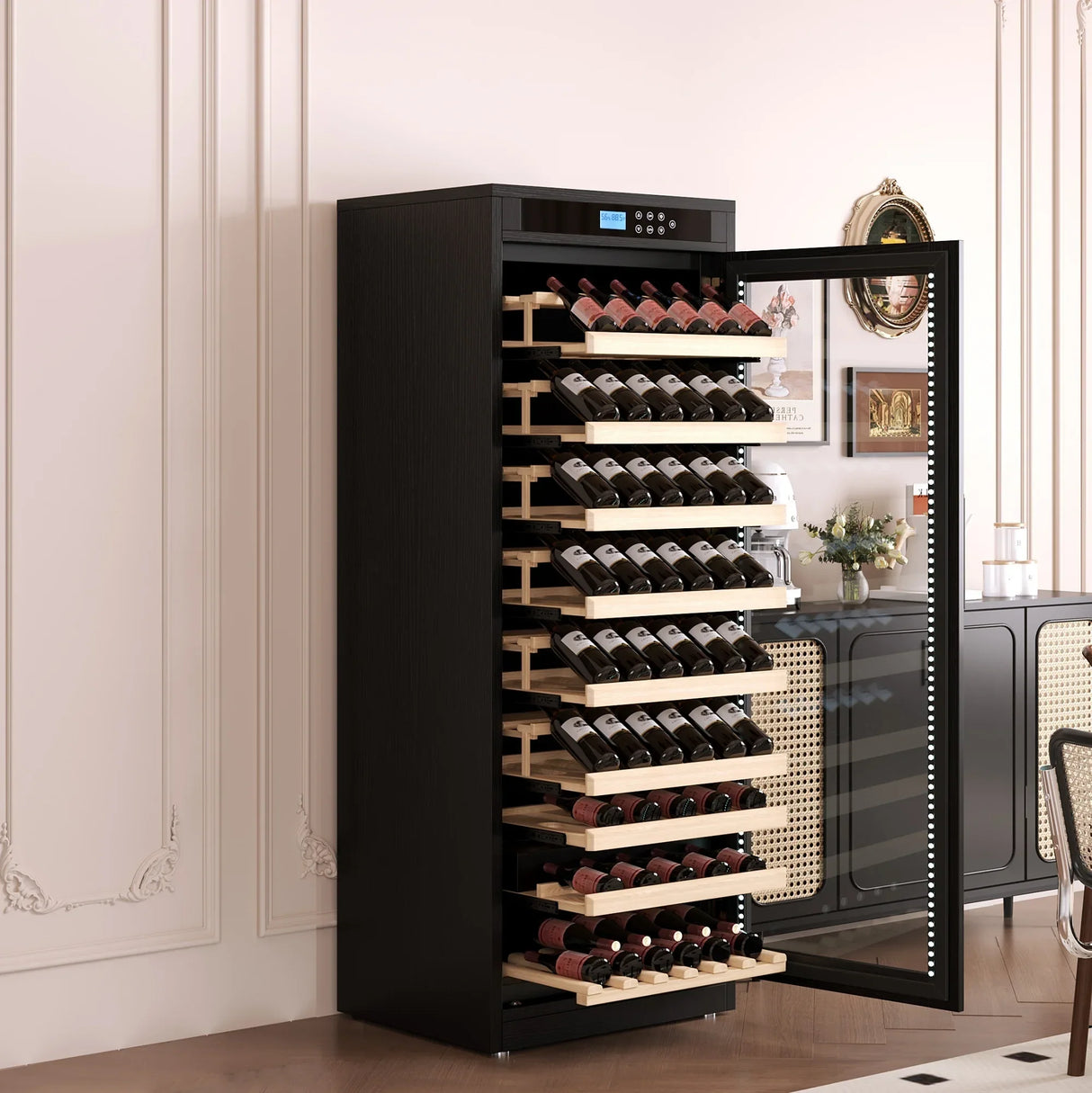 Temperature-Controlled Multi-Tiered Black Wood Wine Cabinet - Omega Lifestyles