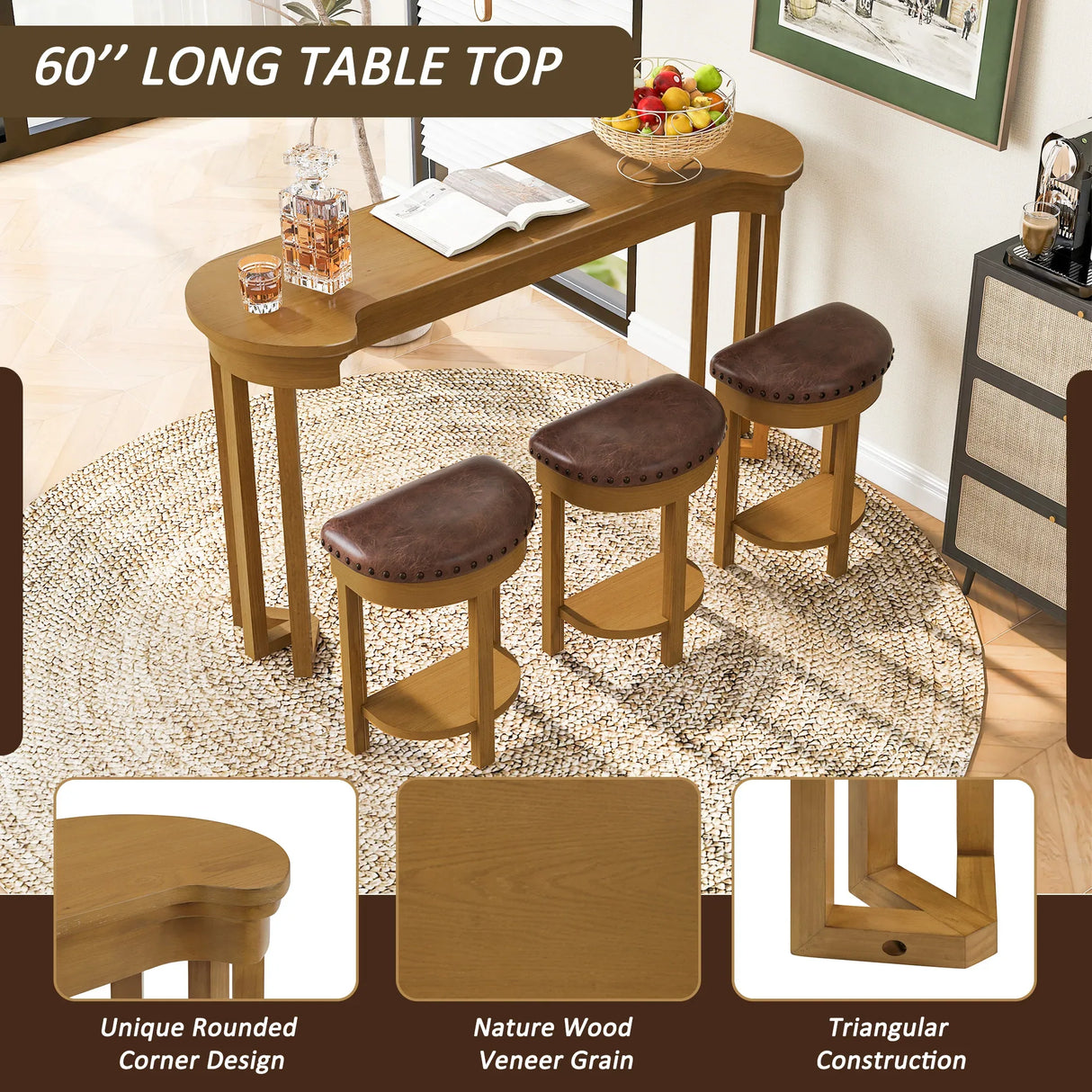 4-Piece Solid Wood Bar Table Set With Padded Stools - Omega Lifestyles