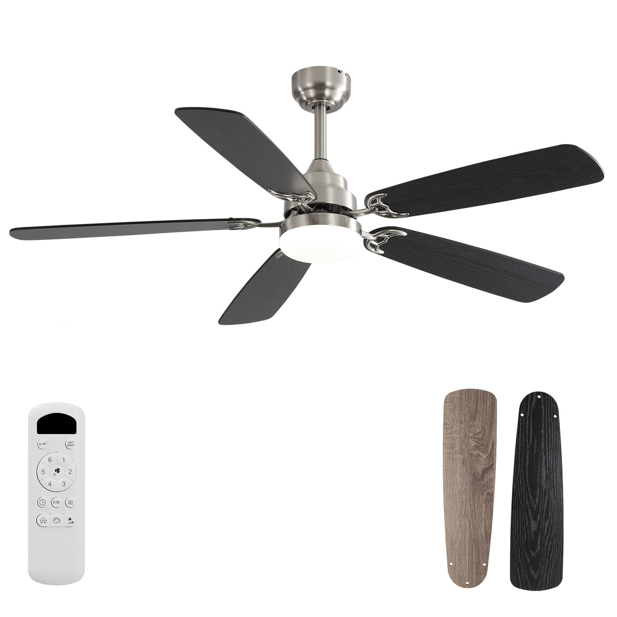 Modern 52-Inch Nickel Dual-Color Blade Ceiling Fan With Light
