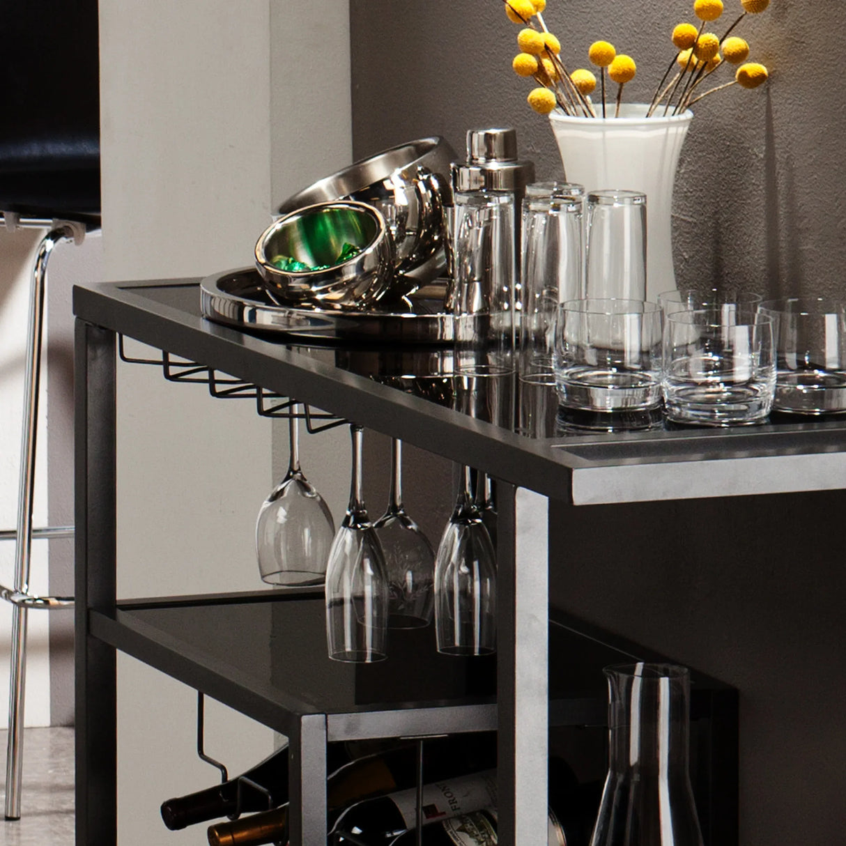 Gunmetal Gray Metal Bar Cart With Locking Casters - Omega Lifestyles