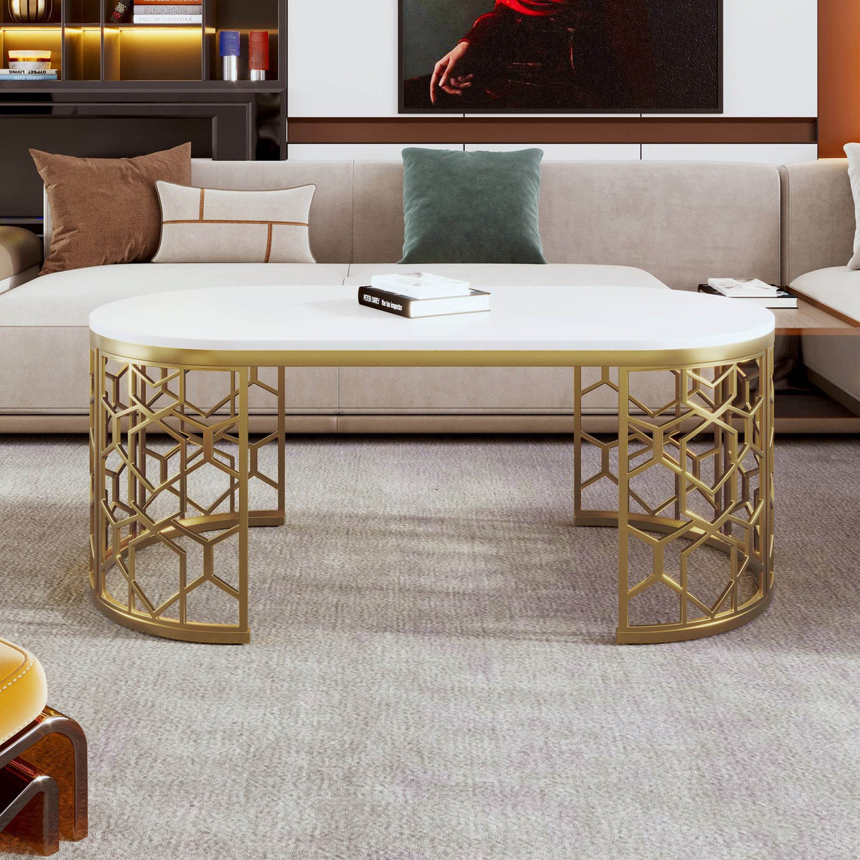 Modern Oval White MDF Gold Metal Coffee Table - Sleep Galleria