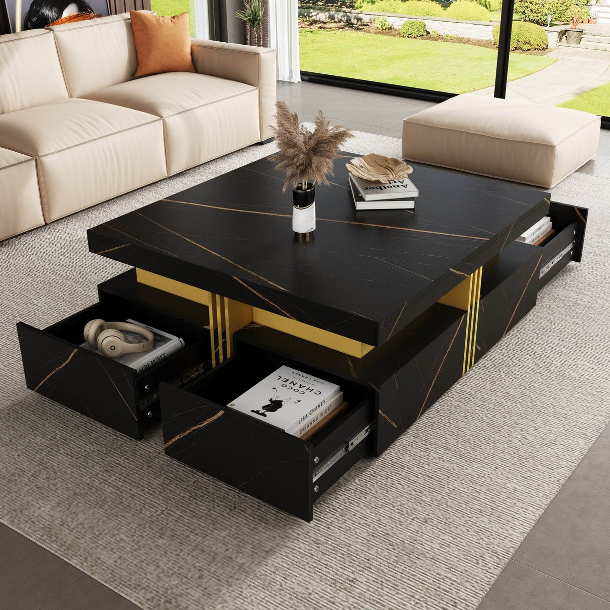 Modern Black Gold Accented Square Coffee Table With Storage - Sleep Galleria