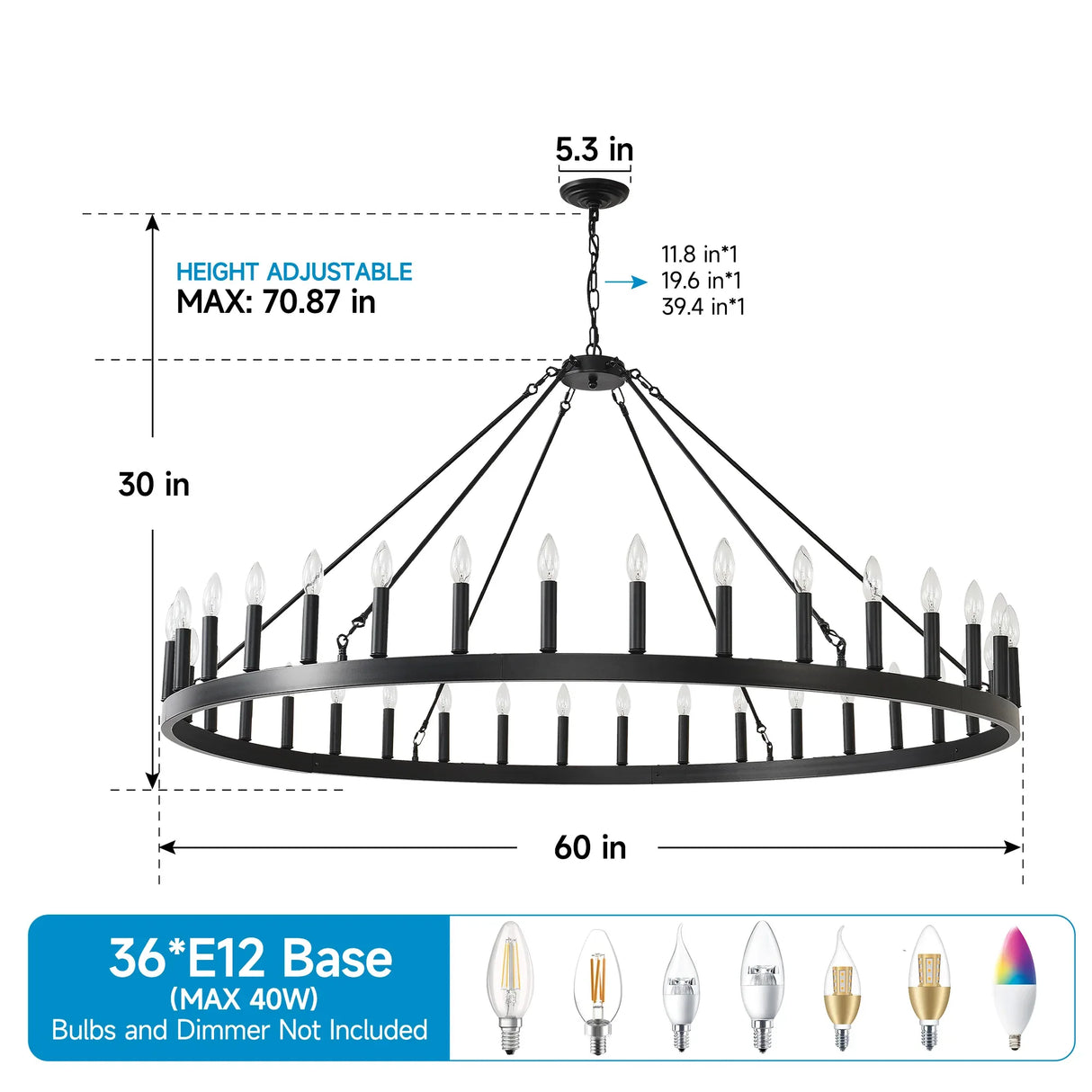 Matte Black Farmhouse 36-Light Wagon Wheel Chandelier - Omega Lifestyles