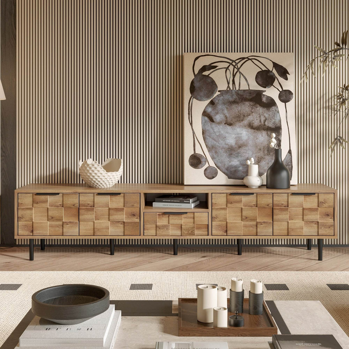 Natural Wood Checkered Pattern TV Stand With Storage - Sleep Galleria