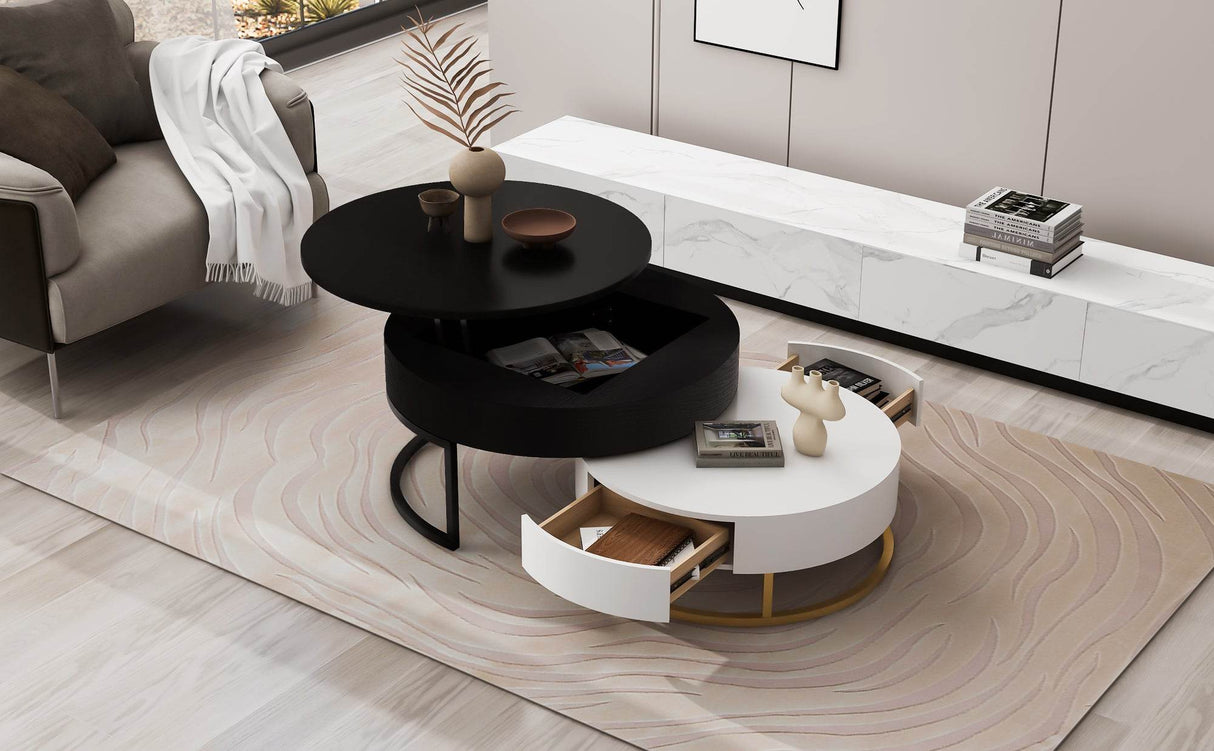 Modern Round Lift-Top Nesting Coffee Tables With Drawers - Sleep Galleria