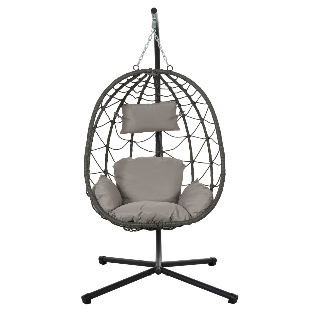 Outdoor Gray Steel Wicker Hanging Egg Chair With Stand
