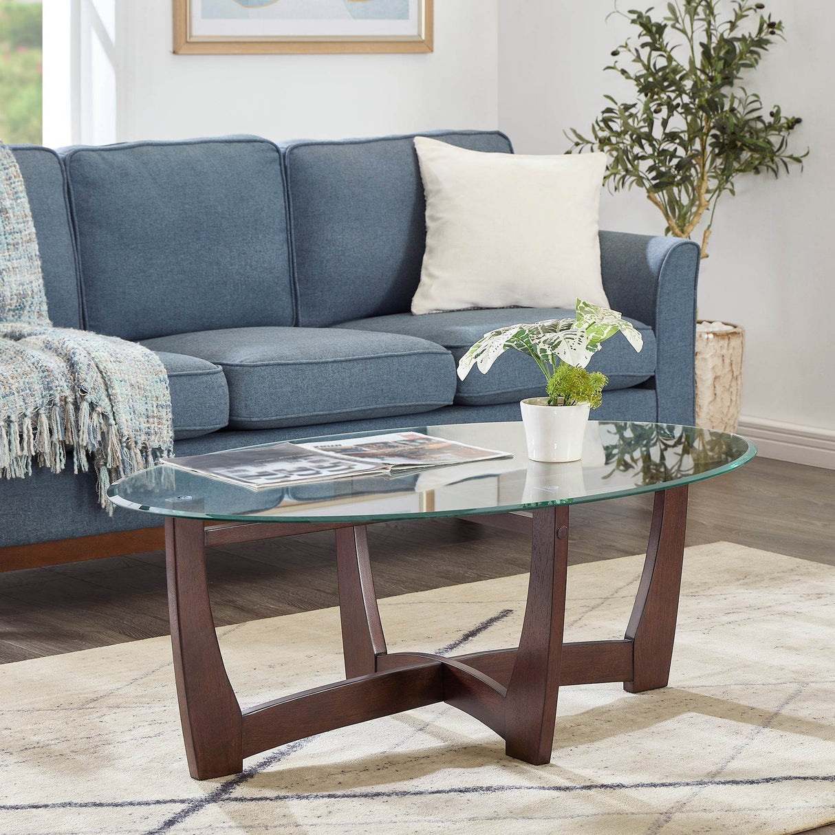 48-Inch Oval Cherry Wood Tempered Glass Coffee Table - Sleep Galleria