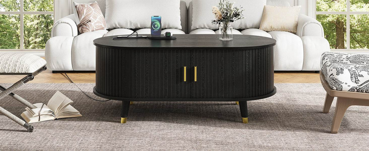 Mid-Century Modern Black Fluted Coffee Table With Charging Station - Sleep Galleria