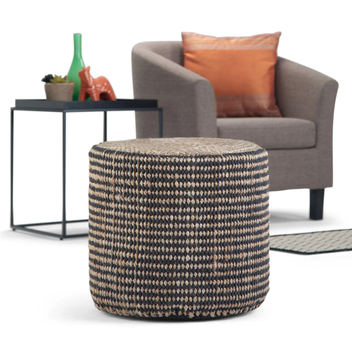 Round Braided Jute Pouf Black Fabric Accent Stool - Omega Lifestyles
