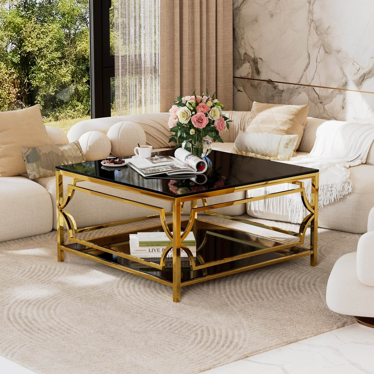 Modern Square Glass Coffee Table With Gold Metal Frame - Sleep Galleria