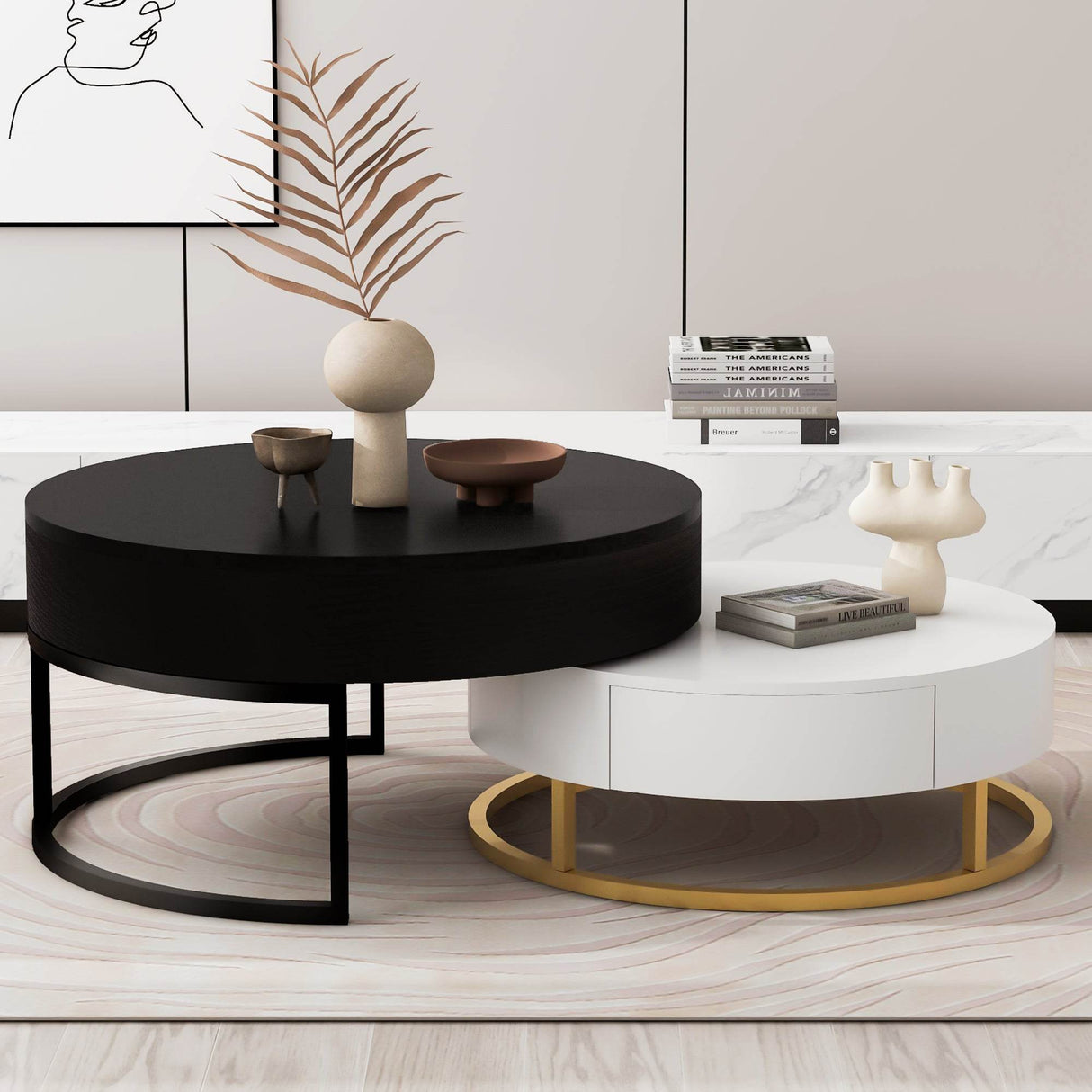 Modern Round Lift-Top Nesting Coffee Tables With Drawers - Sleep Galleria