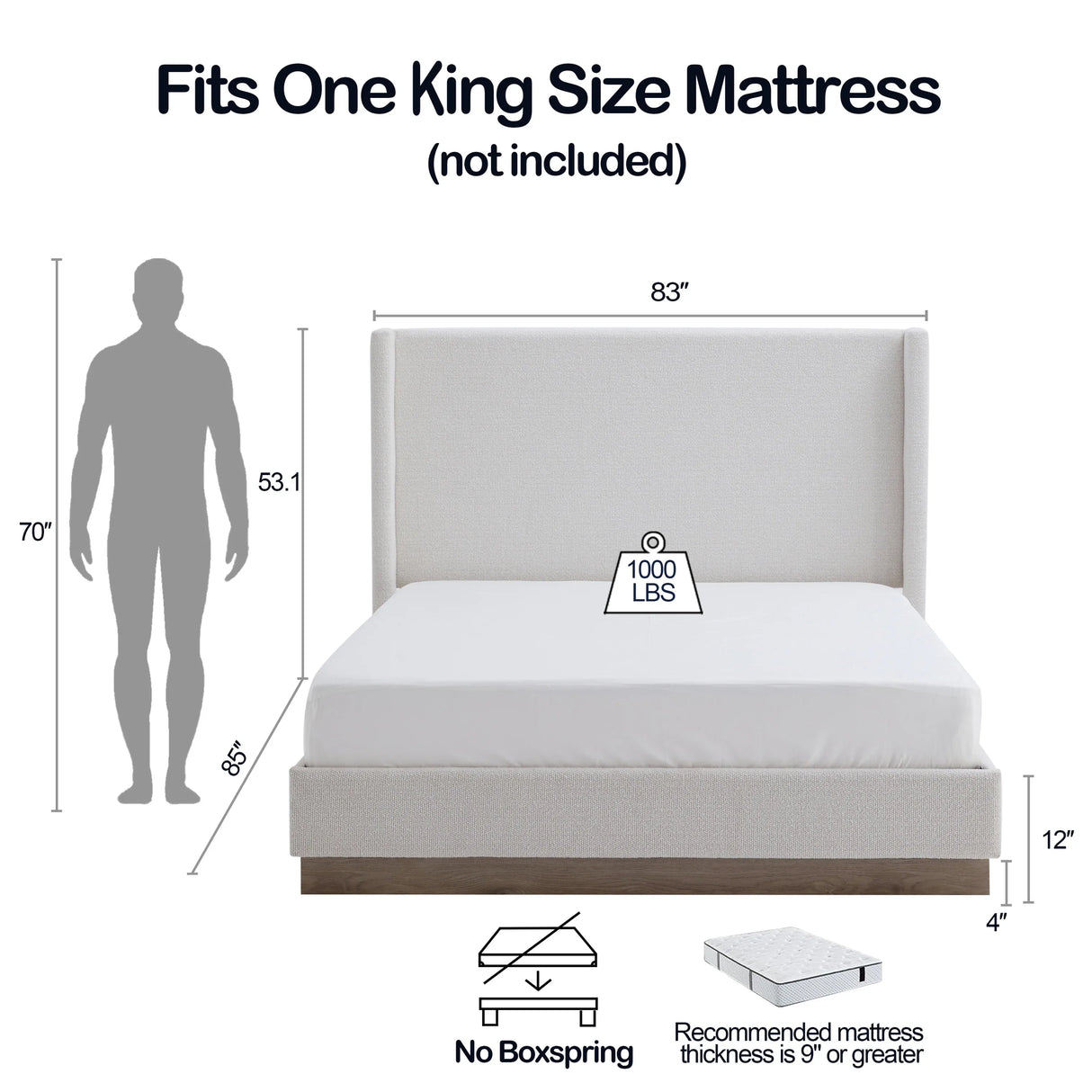 King Minimalist Upholstered Wingback Bed Frame With Wood Base - Omega Lifestyles