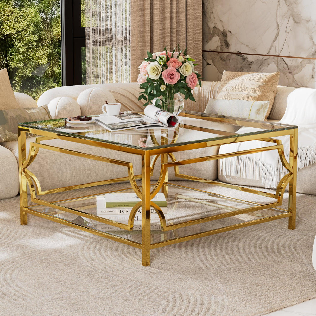Modern Square Glass Coffee Table With Gold Metal Frame - Omega Lifestyles