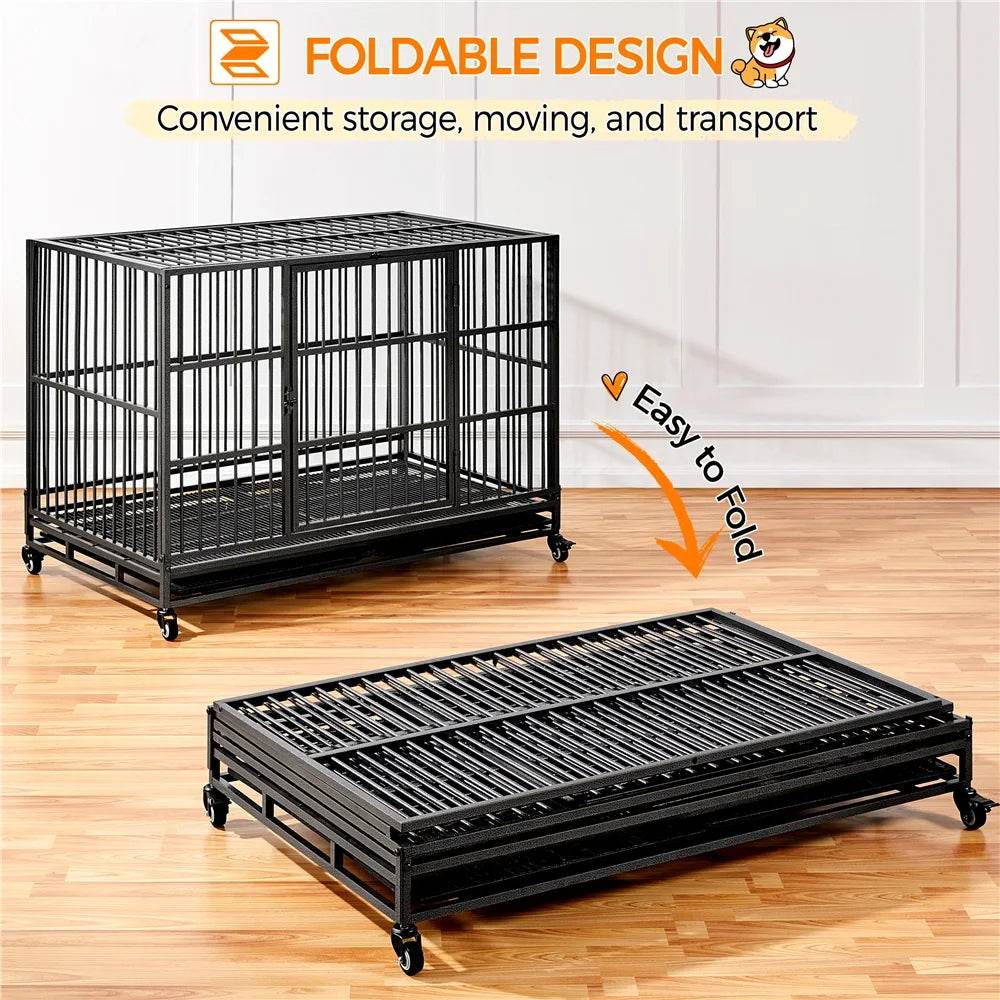 48-Inch Indestructible Rolling Dog Crate with Open-Top Design, Black