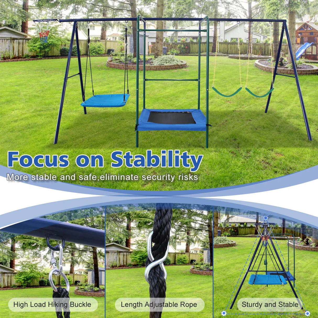 4-in-1 Backyard Steel Swing Set With Trampoline - Omega Lifestyles