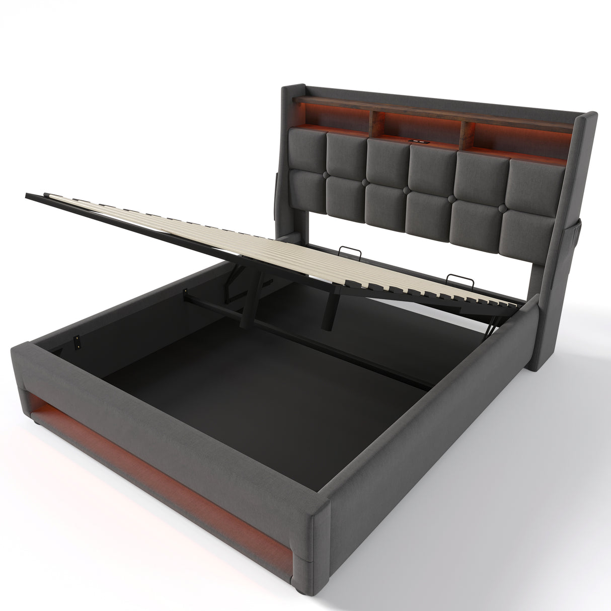 Full Grey Upholstered Platform Bed With LED Lighting USB