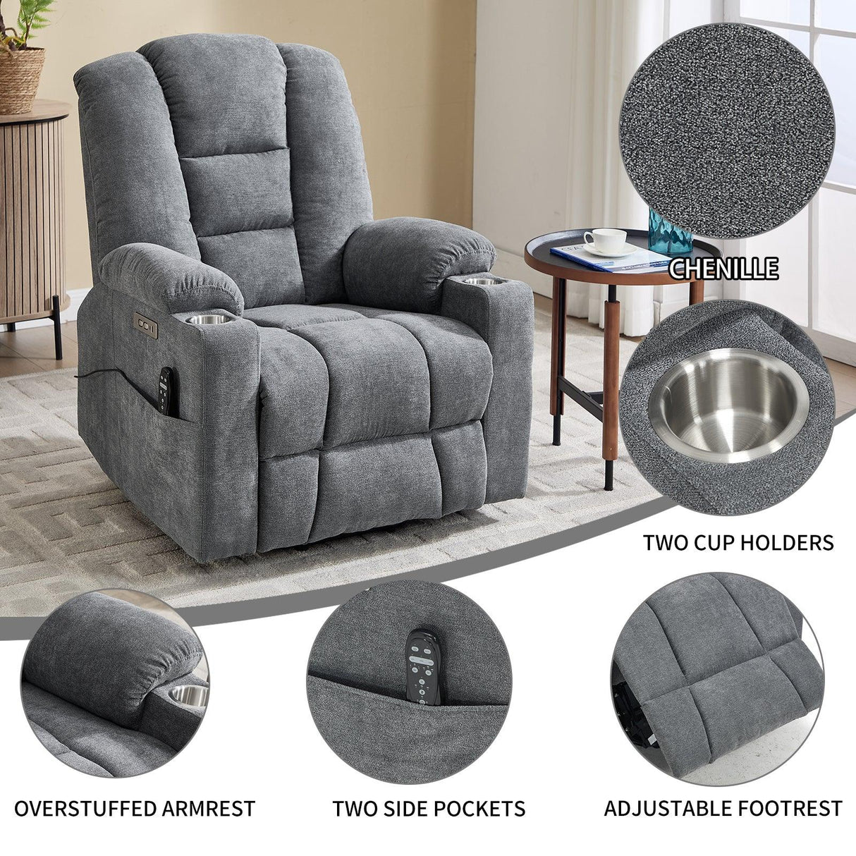 Power Lift Medium-Firm Chenille Upholstered Recliner Chair - Omega Lifestyles