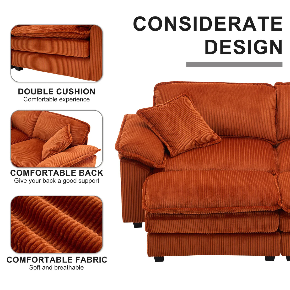 Corduroy 2-Seat Sofa With Pillows And Ottomans - Omega Lifestyles