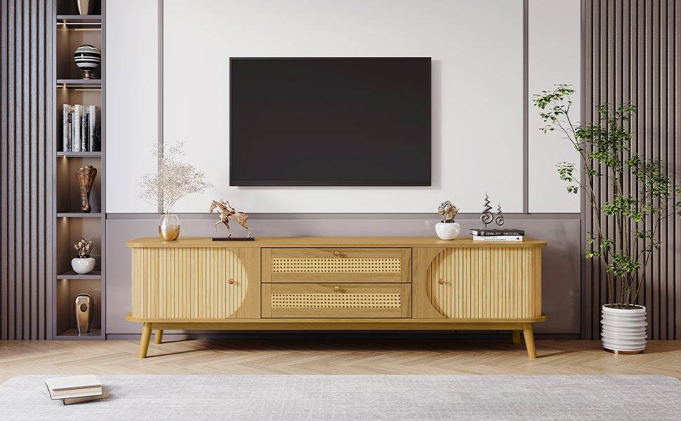 Rattan Solid Wood TV Stand With Storage Drawers - Sleep Galleria