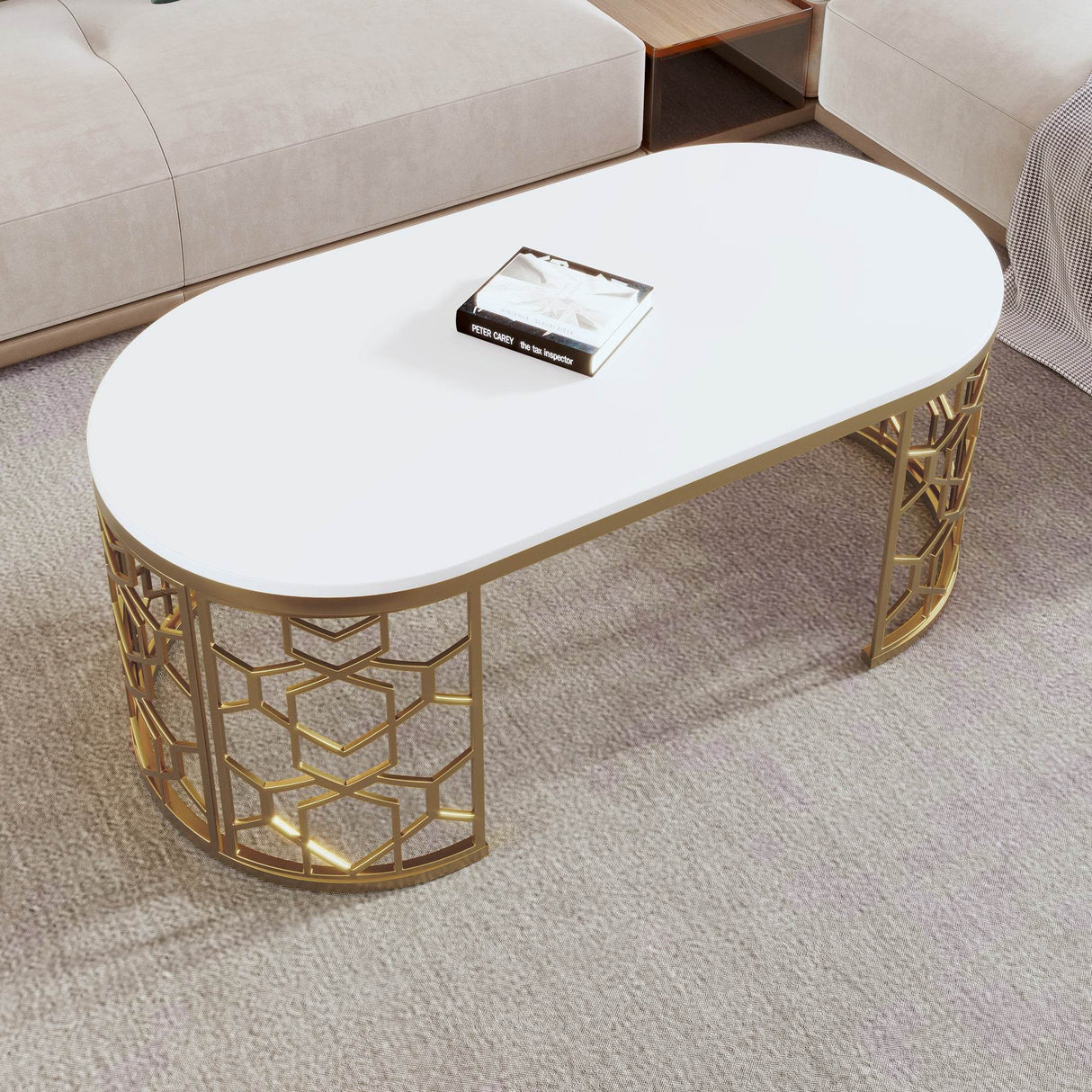 Modern Oval White MDF Gold Metal Coffee Table - Sleep Galleria