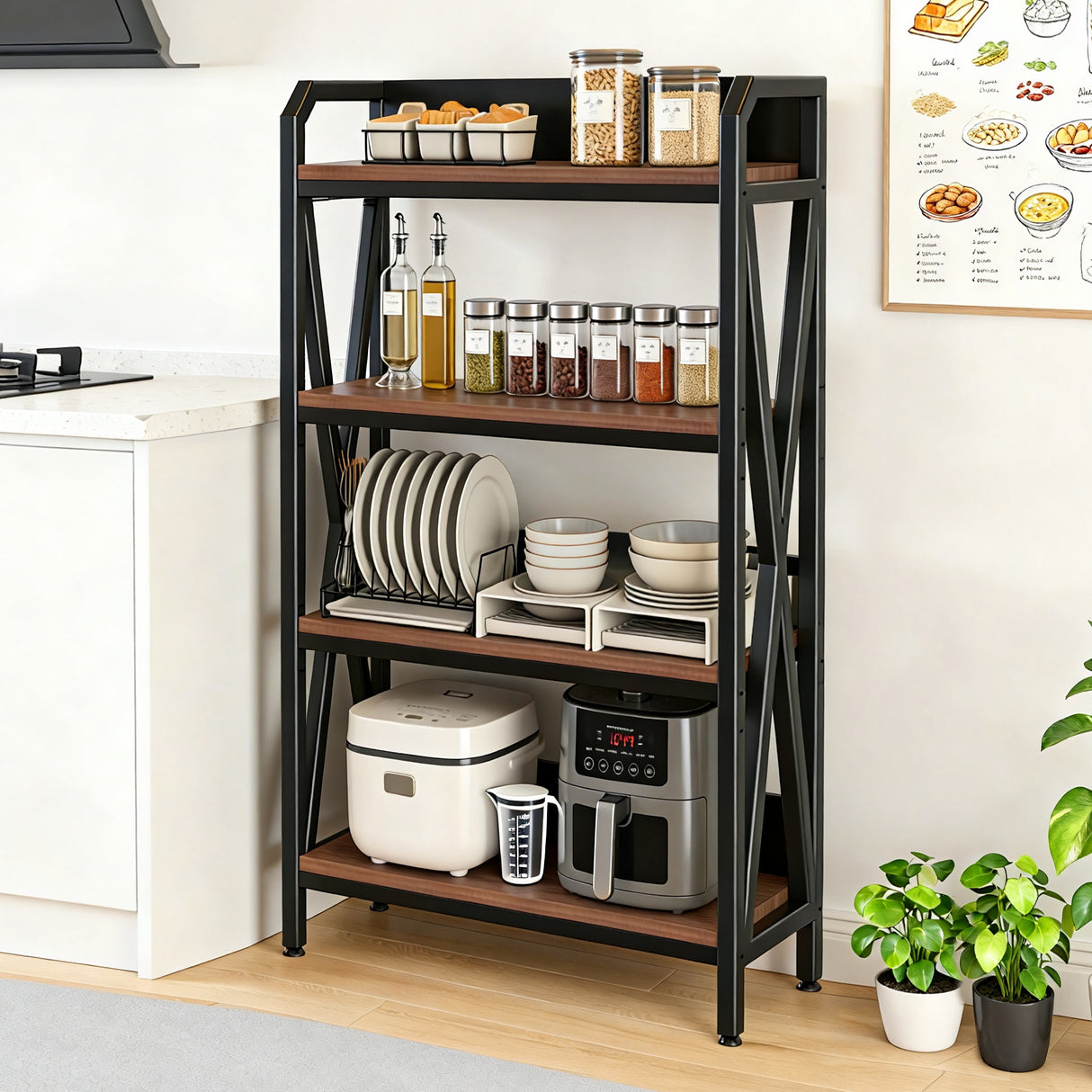 4-Level Adjustable Steel Wood Bakers Rack Storage Shelf