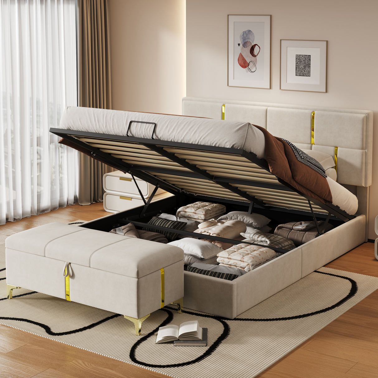 2-Piece Queen Upholstered Platform Bed With Storage Ottoman