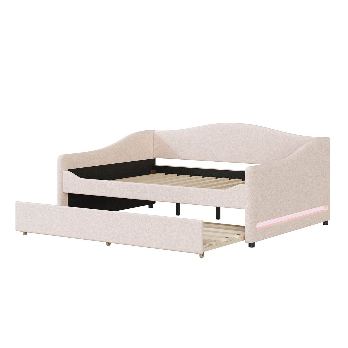 Full Teddy Fleece Upholstered Daybed With Trundle And LED Light - Omega Lifestyles