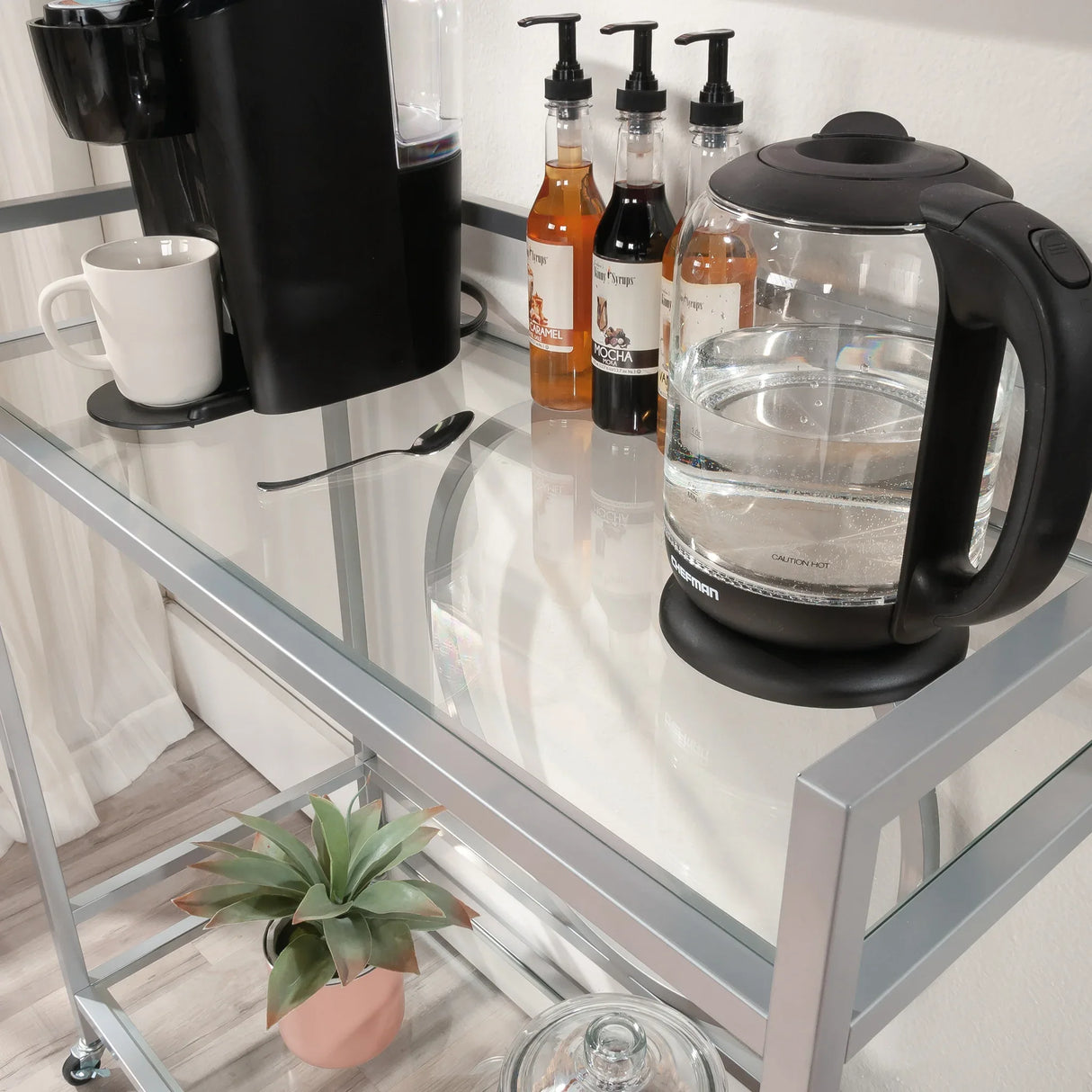 Contemporary Gray Metal Rolling Bar Cart With Shelves - Omega Lifestyles