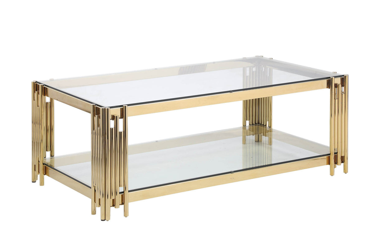 Rectangular Tempered Glass Coffee Table With Golden Stainless Steel Legs - Sleep Galleria