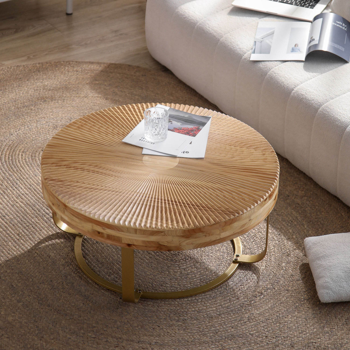 Modern Round Carved Pine Wood Coffee Table - Sleep Galleria
