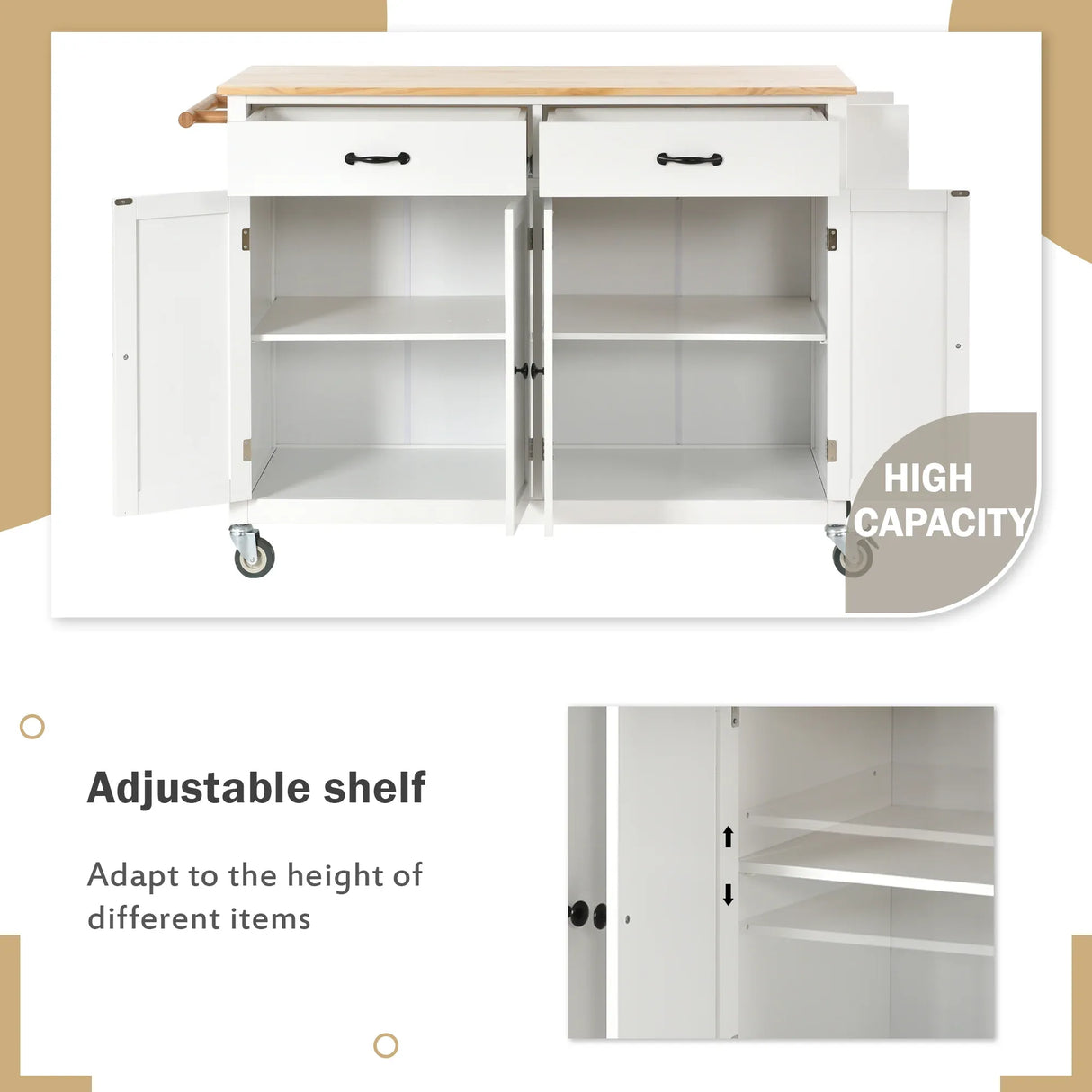 Kitchen Island Cart Solid Wood Top Four Door Cabinet - Omega Lifestyles