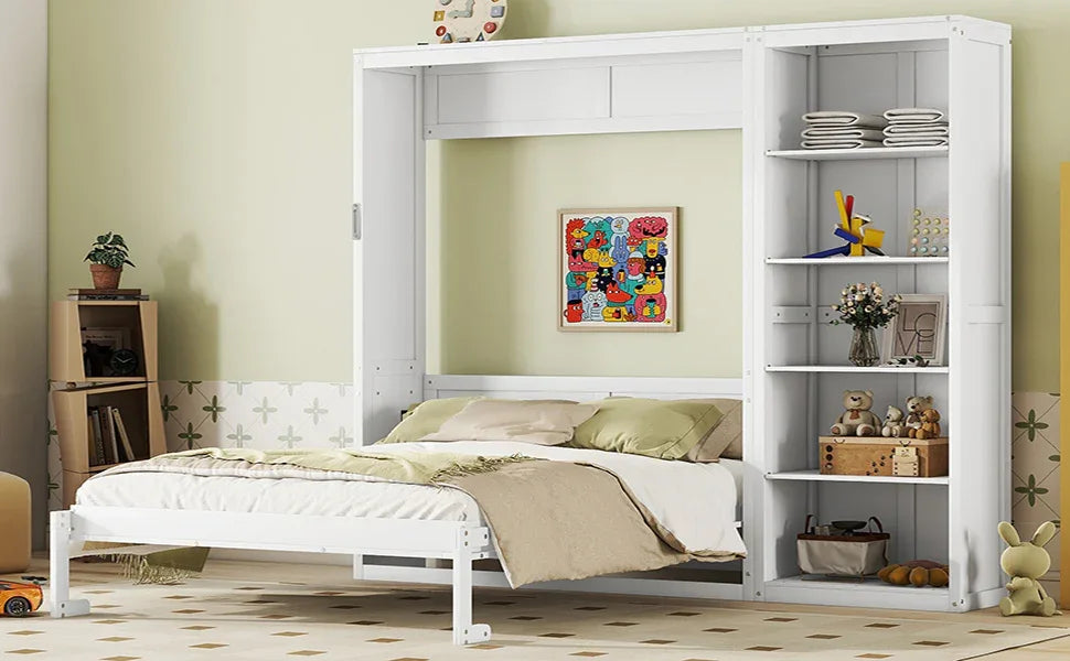 Queen Murphy Bed Wall Bed With Shelves White Solid Wood - Omega Lifestyles
