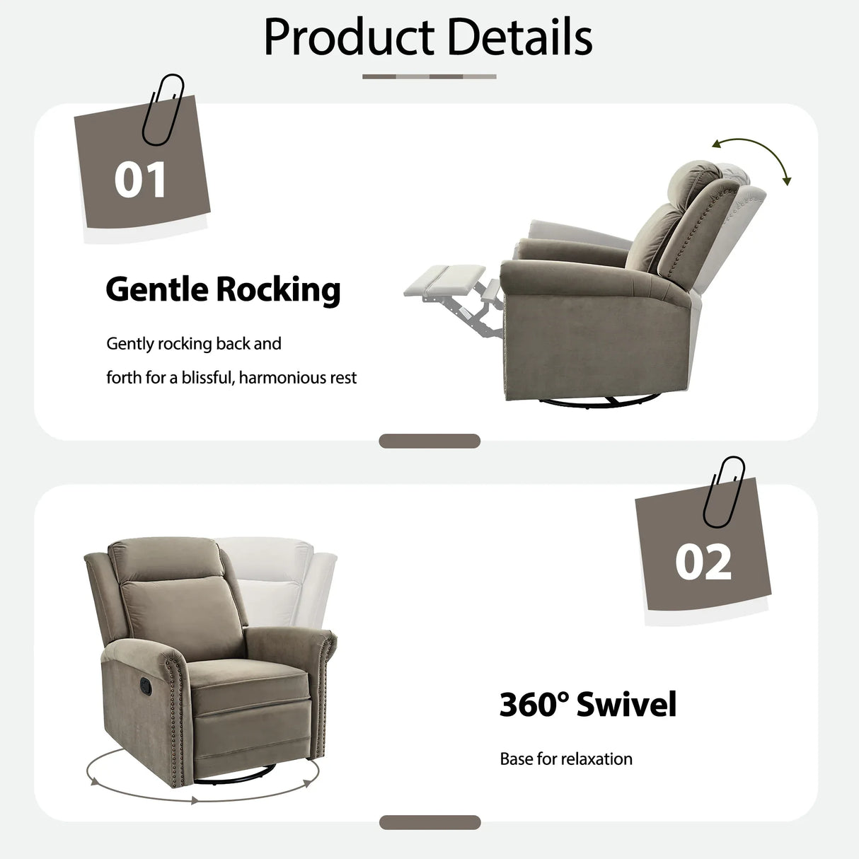 Light Brown Velvet 360° Swivel Adjustable Backrest Recliner - Omega Lifestyles