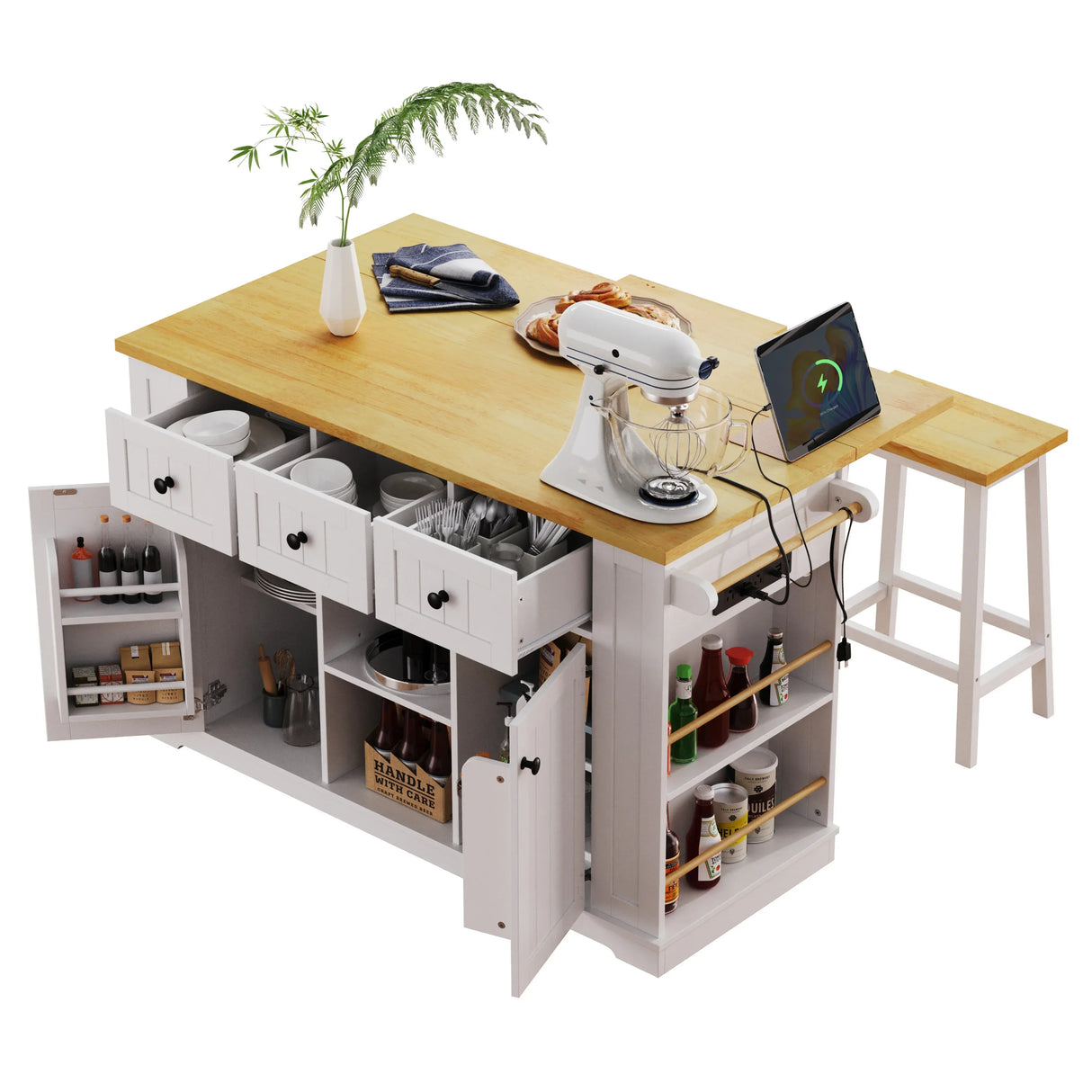 Large Kitchen Island Cart With Drop Leaf And Power Outlet - Omega Lifestyles