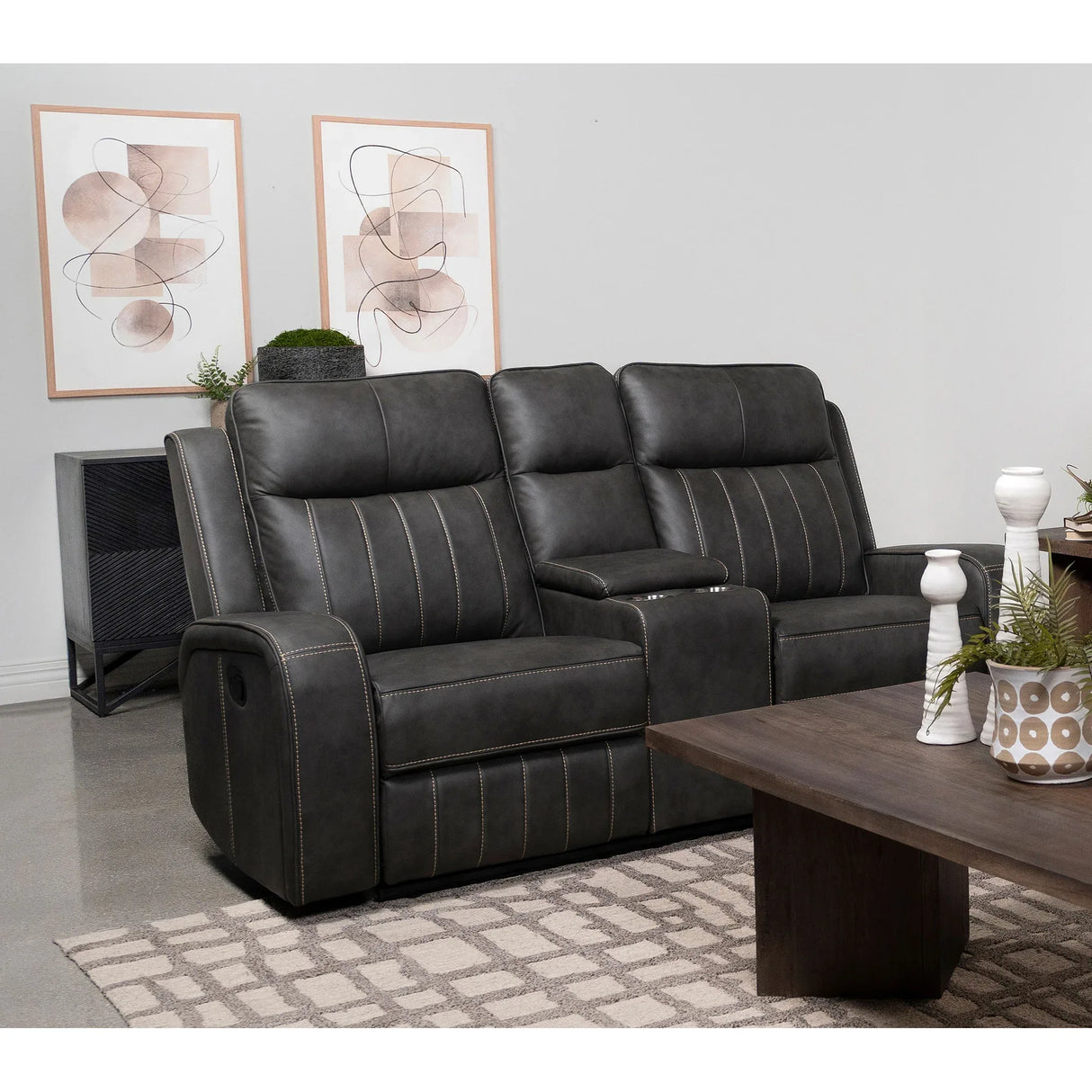 Grey Upholstered Manual Reclining Loveseat With Console - Omega Lifestyles