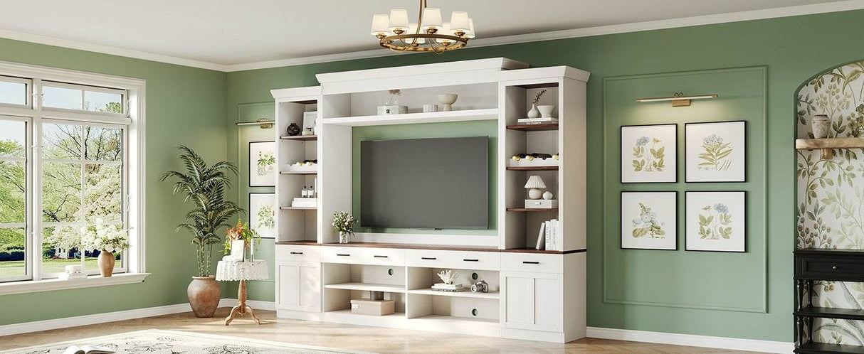 Farmhouse 4-Piece White Walnut TV Stand Set - Omega Lifestyles