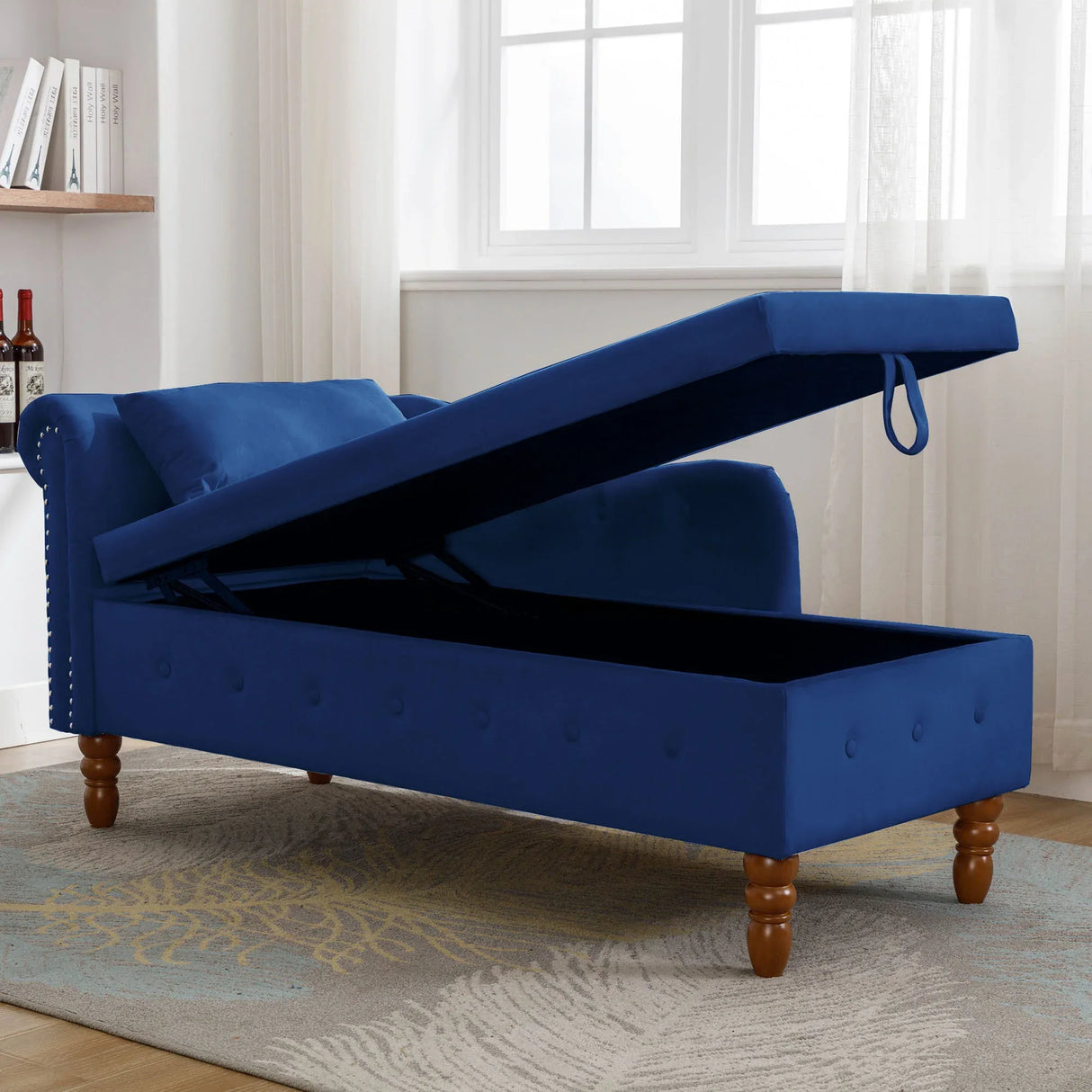 Navy Blue Velvet Classic Chesterfield Storage Chaise Lounge - Omega Lifestyles