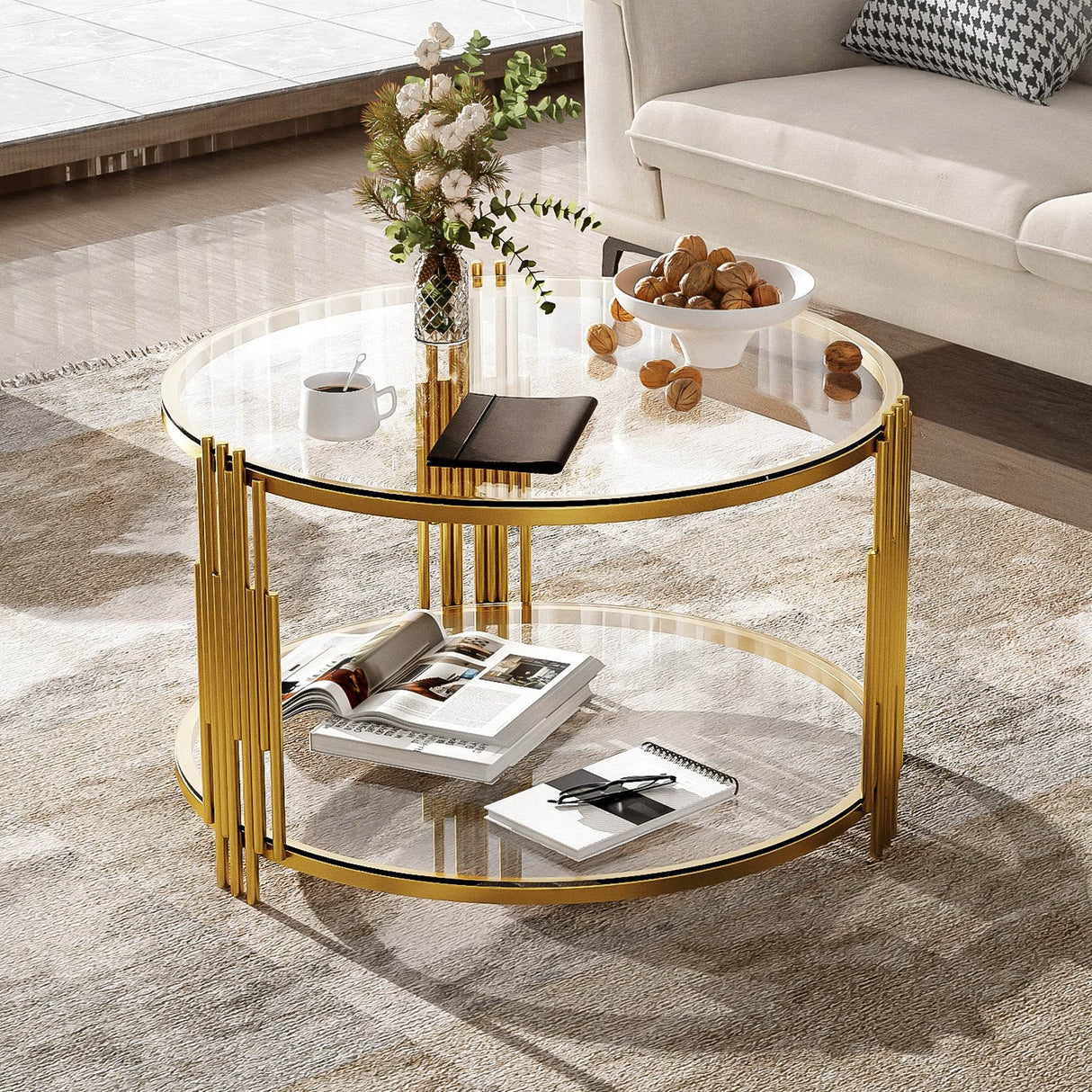 Modern Round Tempered Glass Coffee Table With Shelf - Sleep Galleria