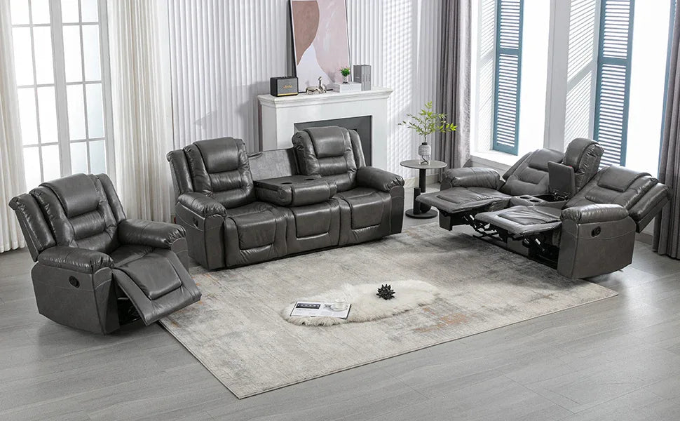 Grey Manual PU Upholstered Home Theater Recliner Chair Set - Omega Lifestyles