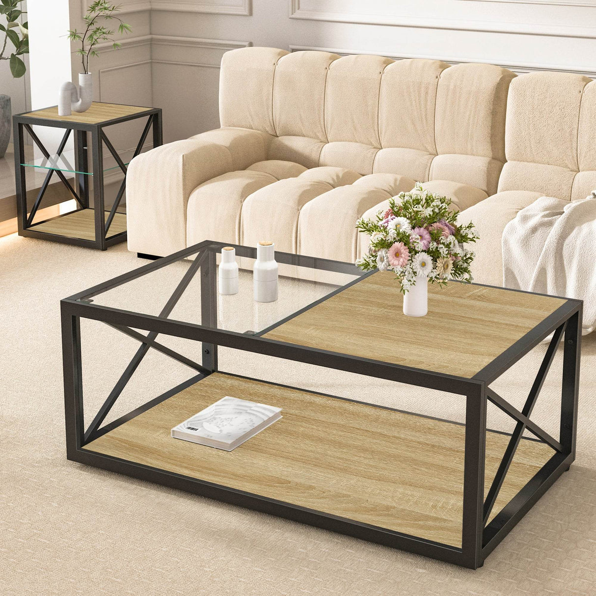 Industrial Glass And Natural Wood Modern Coffee Table - Sleep Galleria