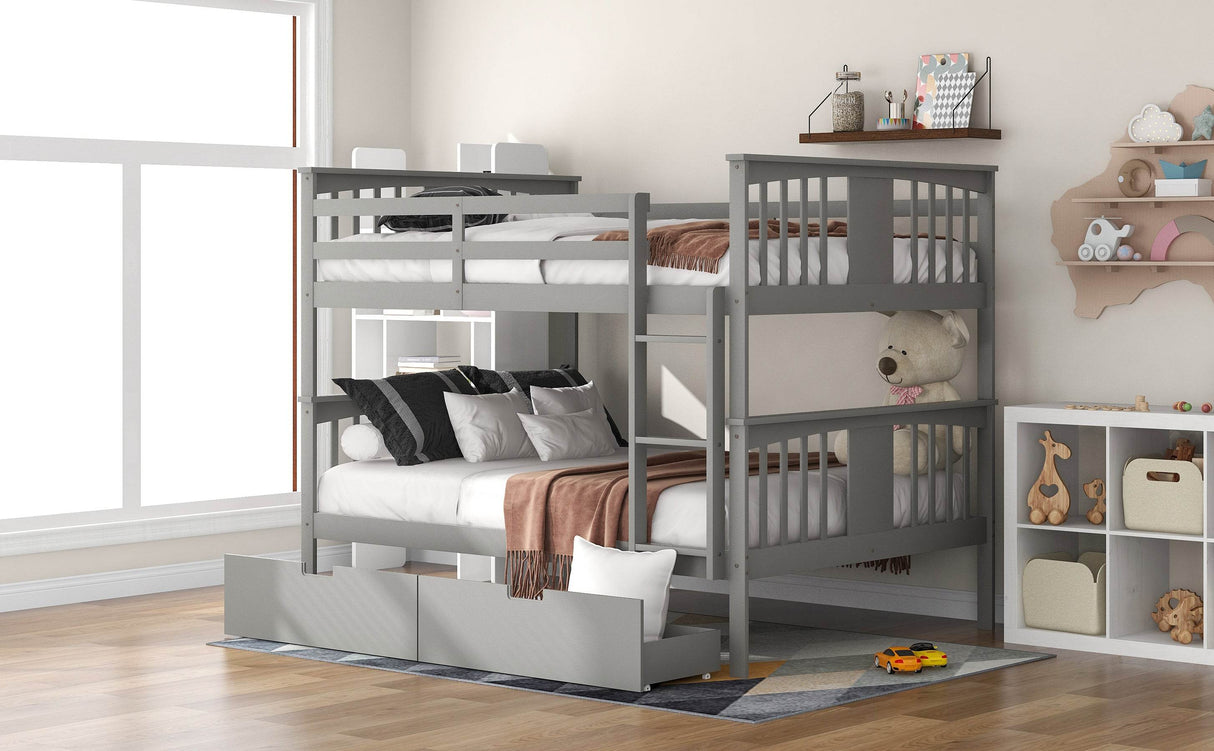 Full Over Full Solid Wood Gray Bunk Bed With Drawers - Omega Lifestyles