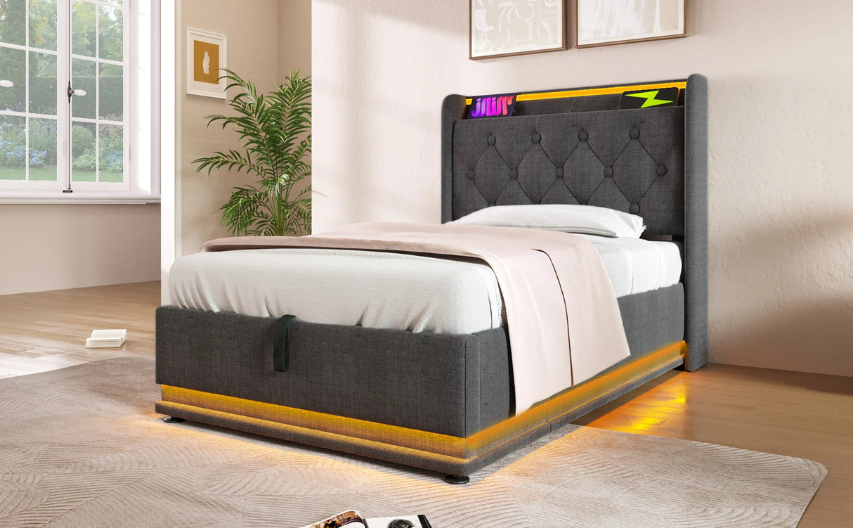 Twin Upholstered Linen Storage Bed With LED Lighting - Omega Lifestyles