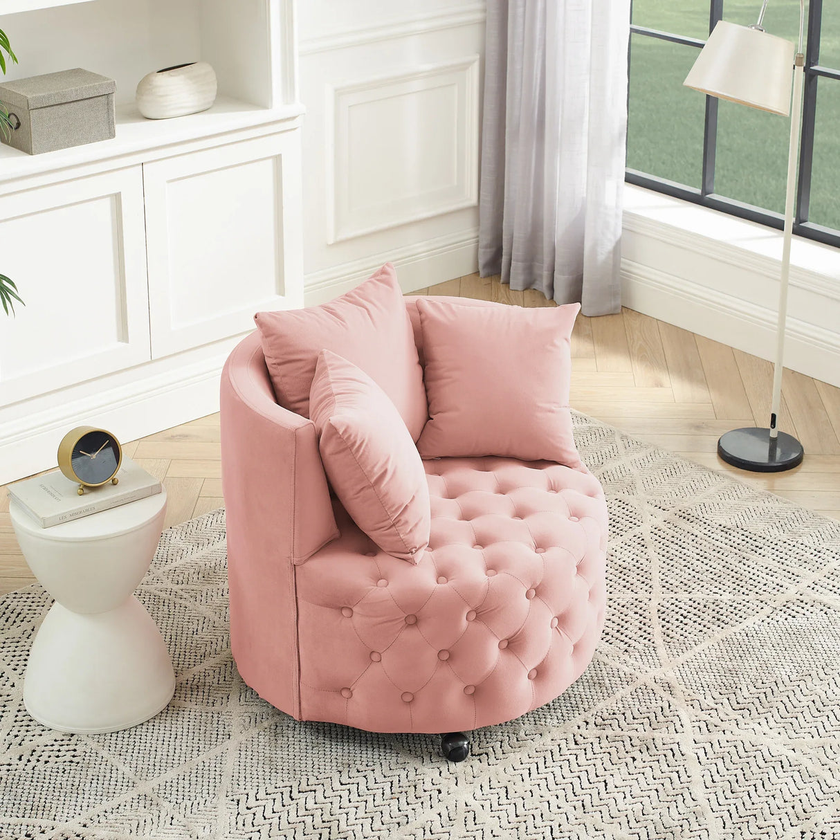 Pink Velvet Upholstered Swivel Chair With Movable Wheels - Omega Lifestyles