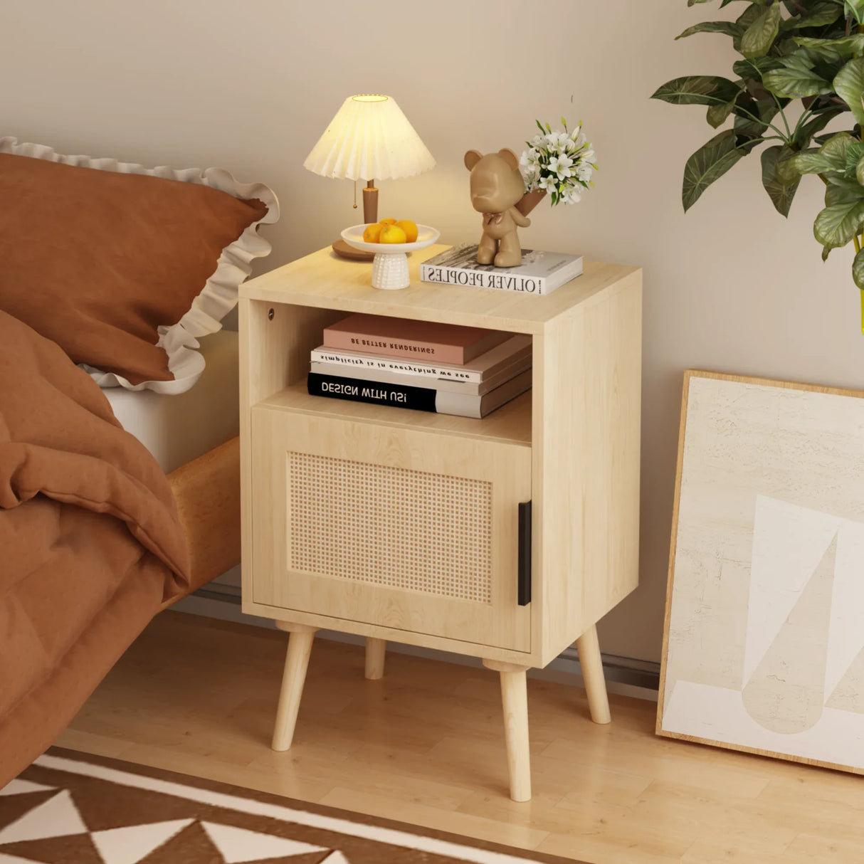 Oak Rattan Bedroom Nightstand With Solid Wood Legs - Omega Lifestyles