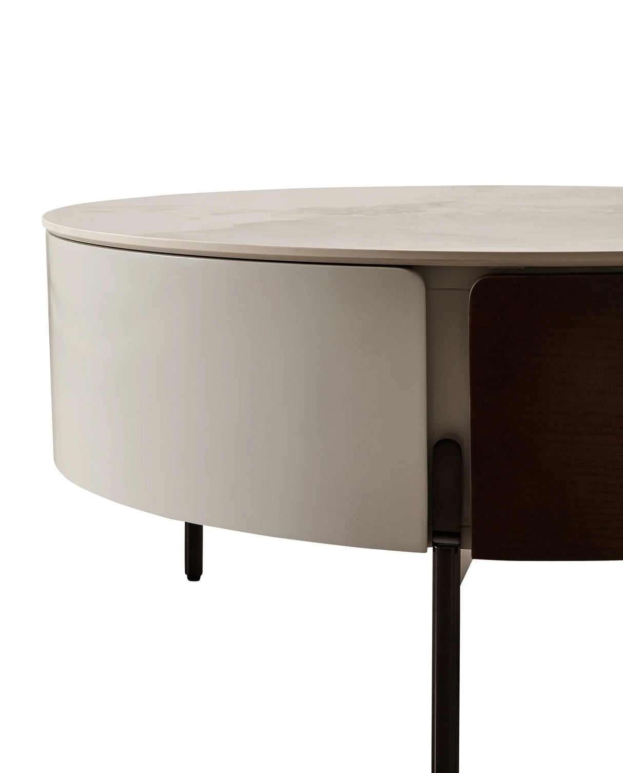 Round Ceramic Top Coffee Table With Drawers And Metal Legs - Omega Lifestyles