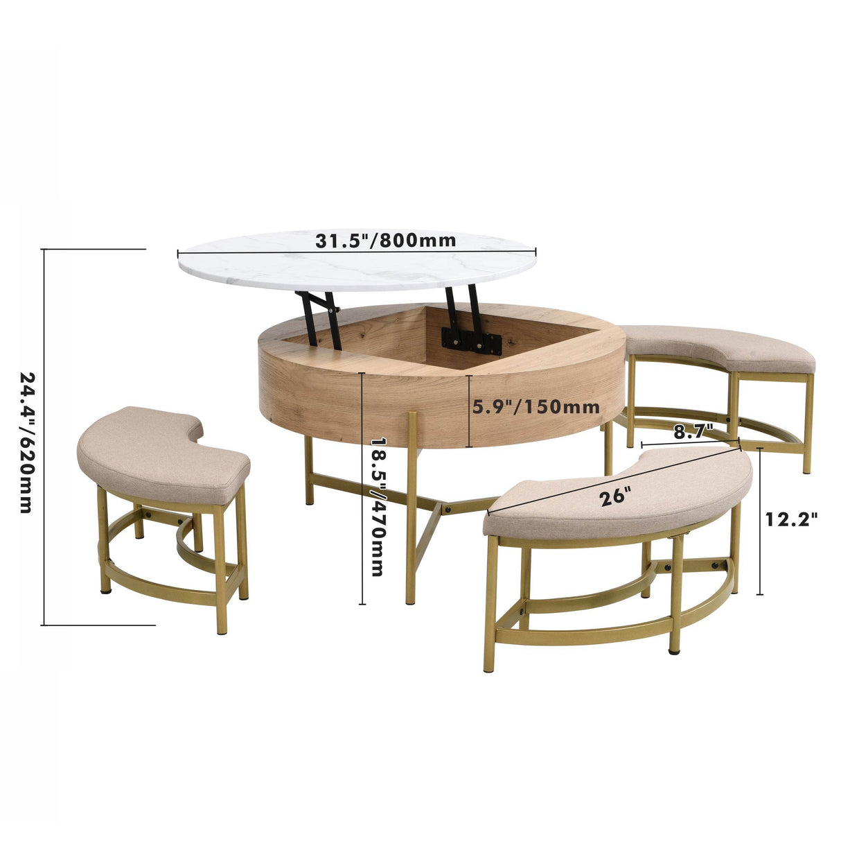Modern Round Lift-Top Coffee Table With Storage And Ottomans - Sleep Galleria