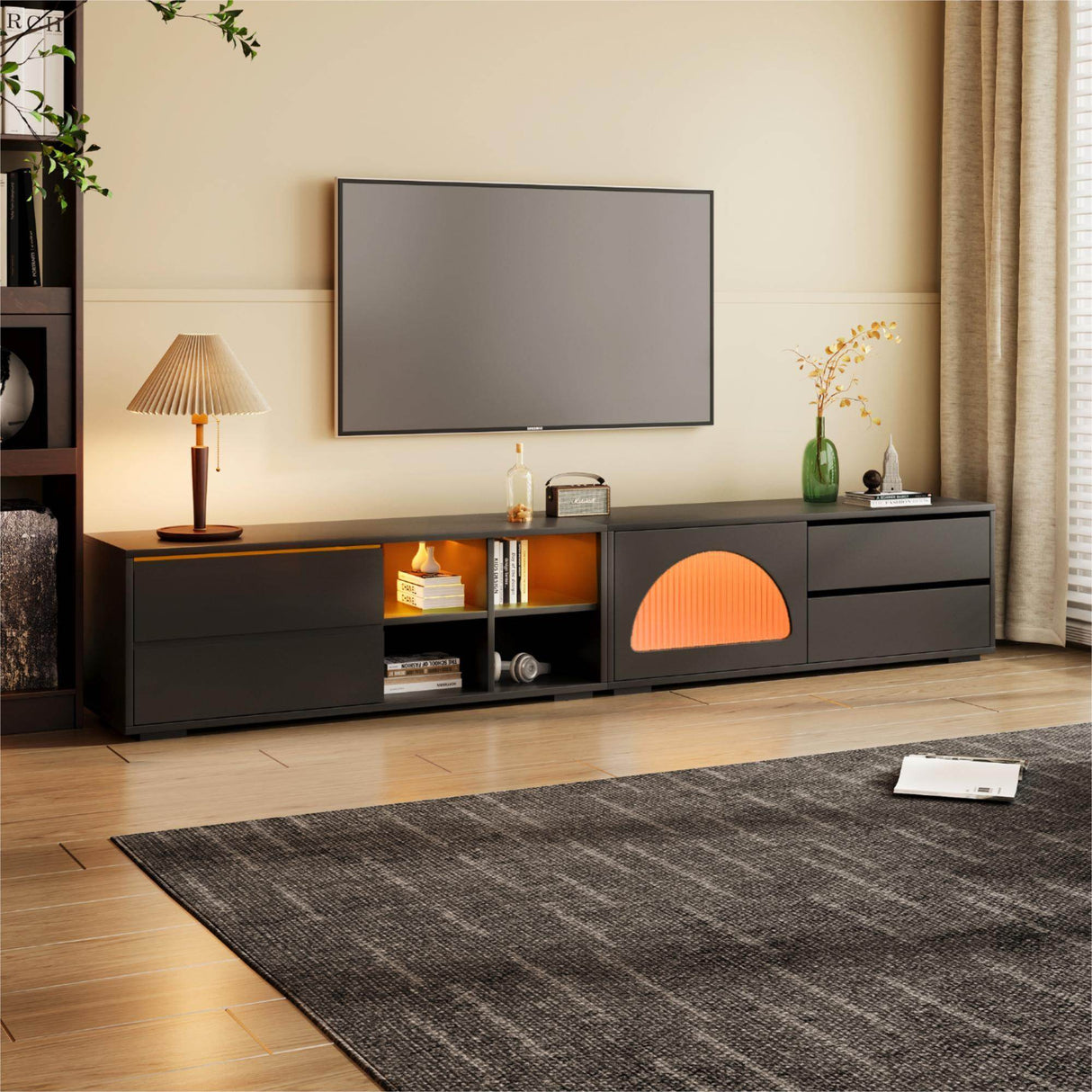 Modern Black TV Stand With LED Light And Storage - Sleep Galleria